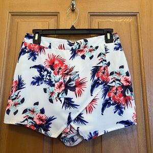 Rewind White Floral Wrap-Front Skort with Pink & Blue Blooms